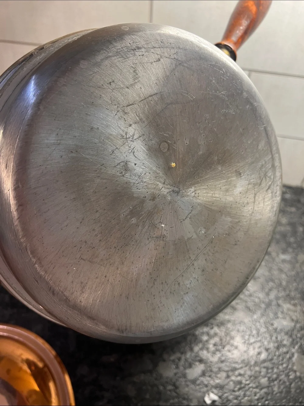 Large copper wood handled fondue pot on stand. Parties, get togethers.